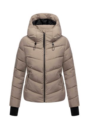 Beige gewatteerde winterjas met grote gewatteerde capuchon, voorrits, met rits gesloten zijzakken en zwarte binnenmanchetten.