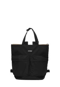 Sac fourre-tout noir en tissu durable, doté de deux poches avant, d'une fermeture éclair supérieure et de bretelles réglables. Logo affiché à l'avant.