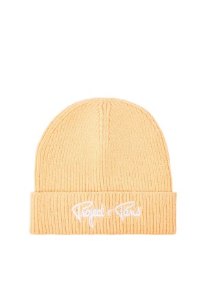 Gorro de punto acanalado naranja claro con puño doblado bordado con "Project X Paris" en texto cursivo blanco.