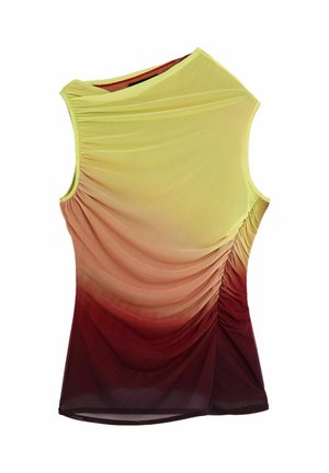 Tílko bez rukávů s asymetrickým výstřihem, na bocích nařasené, s přechodem barev od žluté po bordó.