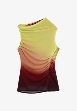 Tílko bez rukávů s asymetrickým výstřihem, na bocích nařasené, s přechodem barev od žluté po bordó.