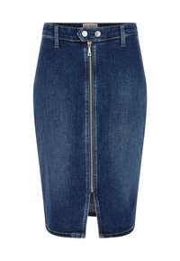 Tamsiai mėlynas džinsinis pieštuko sijonas su priekiniais užtrauktukais, dviem sagomis ir plyšiu apačioje judėjimui palengvinti.