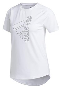 Hvid kortærmet t-shirt lavet af letvægtsstof, med en stor sort Adidas-logo på forsiden og en buet, delt kantdesign.
