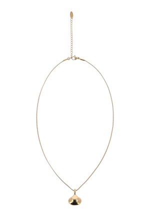 Finom arany nyaklánc vékony lánccal és kis, sima, domború medállal, kis kapoccsal és állítható lánchosszabbítóval.