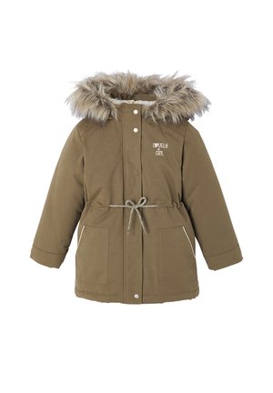 Olivegrüne Jacke mit Kunstfellkapuze, Kordelzug in der Taille, Druckknöpfen und zwei Fronttaschen. Mit besticktem Text "Lovely Girl."