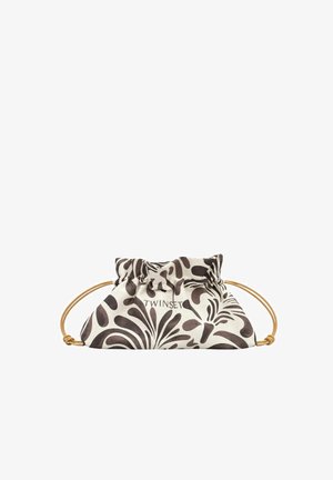 Piccola borsa in tessuto con motivo floreale astratto bianco e nero e sottili manici rotondi color cuoio, con etichetta "Twinset" sulla parte anteriore.