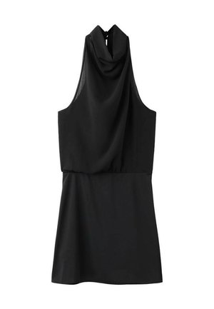 Crna haljina bez rukava s ovratnikom u stilu slijepe puške i strukom na nabor. Glatki materijal sa mekanom teksturom. Zatvarač u obliku otvora na leđima.
