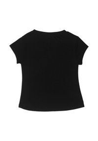 Czarna koszulka z krótkim rękawem z okrągłym dekoltem i lekko zaokrąglonym dołem, wykonana z miękkiej bawełny. Widok z tyłu.