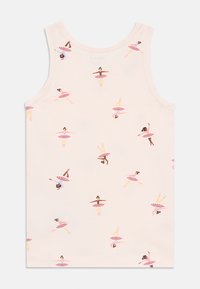 Pink tank top featuring a repeating pattern of ballet dancers in various poses, with a soft cotton texture and a round neck design.