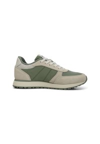 Men's sneakers in light gray and olive green, featuring a mix of suede and mesh materials, rounded toe, white laces, and textured accents.