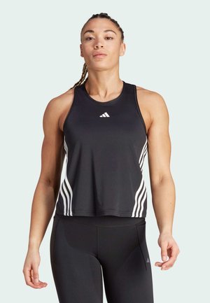 Czarny sportowy top na ramiączkach z białymi paskami po bokach i okrągłym dekoltem. Wykonany z gładkiego, lekkiego materiału.