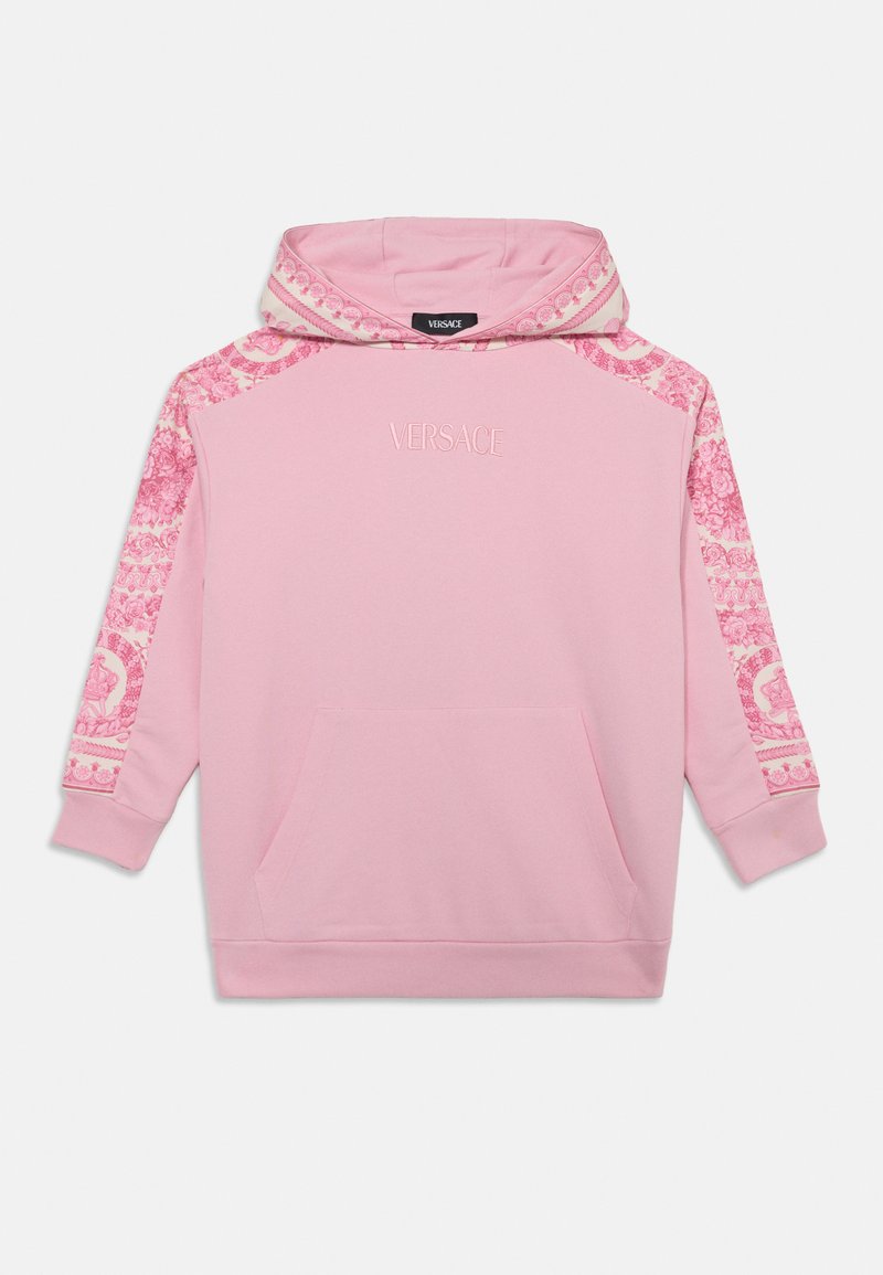 Sweatshirt rosa com um bolso frontal e capuz, com pormenores estampados nas mangas e o nome da marca bordado. Feito de um tecido suave.