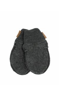 Graue Wollhandschuhe mit einem gerippten Strickbund, versehen mit einem Lederakzent und elastischen Details für einen sicheren Sitz. Glatte, weiche Textur.