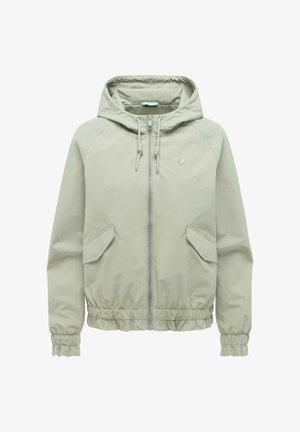 Hellgraue Kapuzenjacke mit durchgehendem Reißverschluss, verstellbaren Kordelzügen, zwei aufgesetzten Taschen, elastischen Bündchen und elastischem Saum.