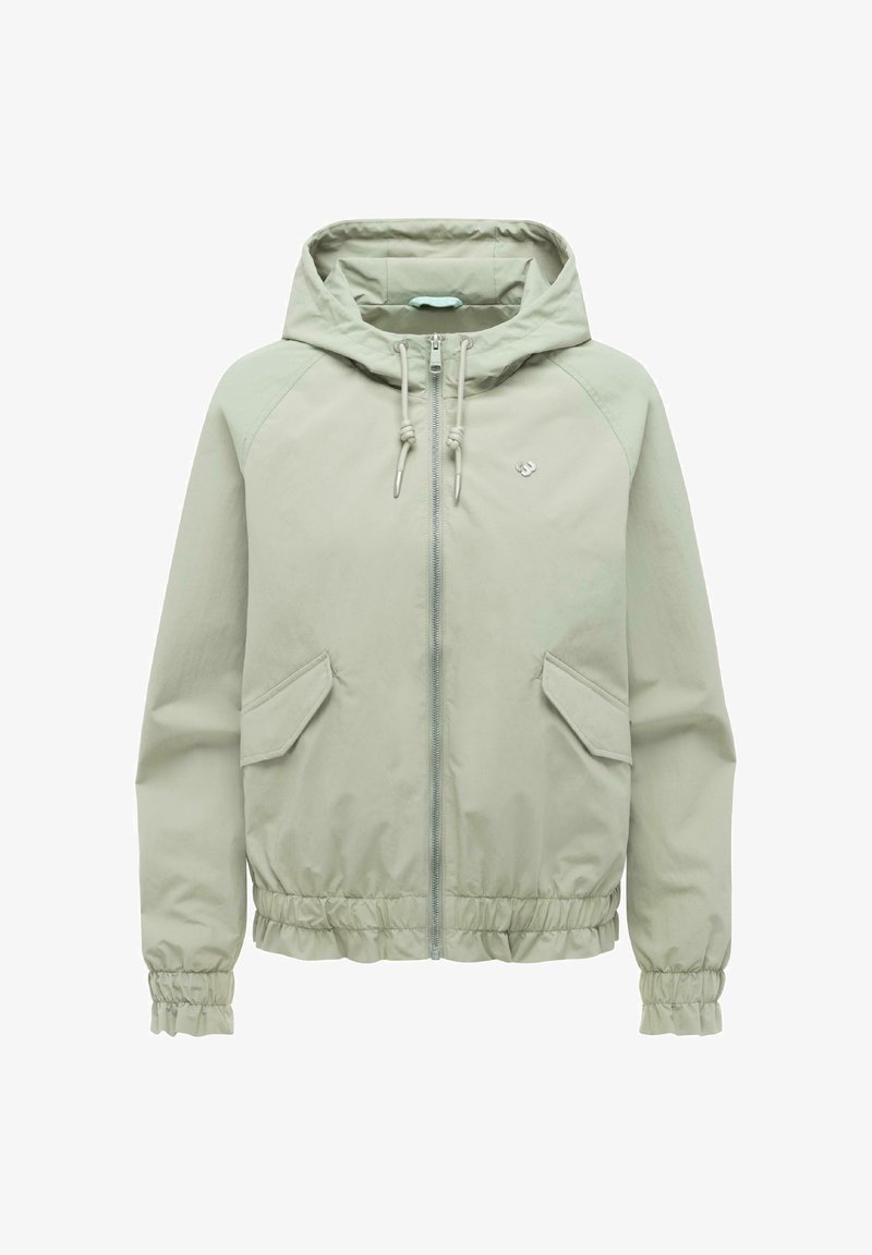 Jasnoszara kurtka z kapturem, zapinana z przodu na zamek, z regulowanymi sznureczkami, dwoma kieszeniami z klapkami, elastycznymi mankietami i elastycznym dołem.