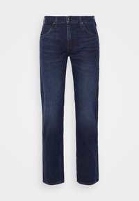 Mörkblå denimjeans med rak bendesign, fem fickor, framknappsstängning och diskret blekning på tyget.