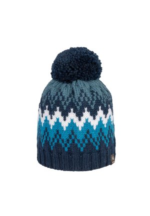 Bonnet tricoté en bleu marine, turquoise et blanc avec un pompon sur le dessus et un motif en zigzag ; comporte une bande côtelée tricotée à la base.