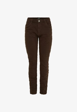 Brune skinny jeans lavet af tekstureret stof, med fem lommer, lukning med knap foran og let rynket overflade.