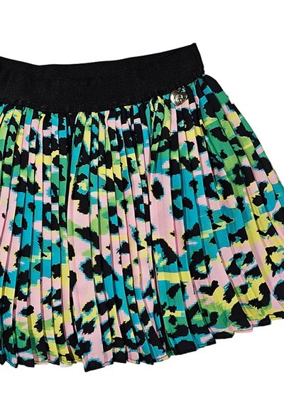 Gonna plissettata con un elastico nero in vita, decorata con una stampa leopardata colorata nei toni del rosa, verde, blu e nero. Accentuata da un dettaglio metallico.
