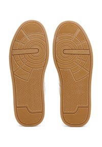 Schuhtleisten aus hellbraunem Gummi mit strukturierten Mustern. Das Design verfügt über kreisförmige Elemente und ein Markenlogo.