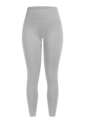 Leggings gris avec une taille haute, fabriqués en tissu extensible. Ils présentent une texture lisse et une coupe ajustée et fuselée.