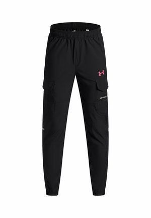 Black athletic cargo pants with elastic waistband, side flap pockets, and pink Under Armour logo on right thigh.
