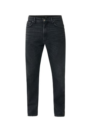 Schwarze Jeans aus Denim mit geradem Schnitt, Reißverschluss und fünf Taschen. Der Stoff hat eine subtile Struktur mit einem leicht verwaschenen Finish.