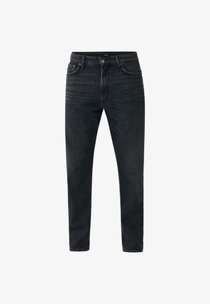 Zwarte denim jeans met een rechte snit, een ritsgulp en een vijf-pocket ontwerp. De stof heeft een subtiele textuur met een licht vervaagde afwerking.