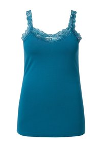 Camicetta senza maniche blu con pizzo decorativo attorno al collo e alle spalline su uno sfondo bianco.