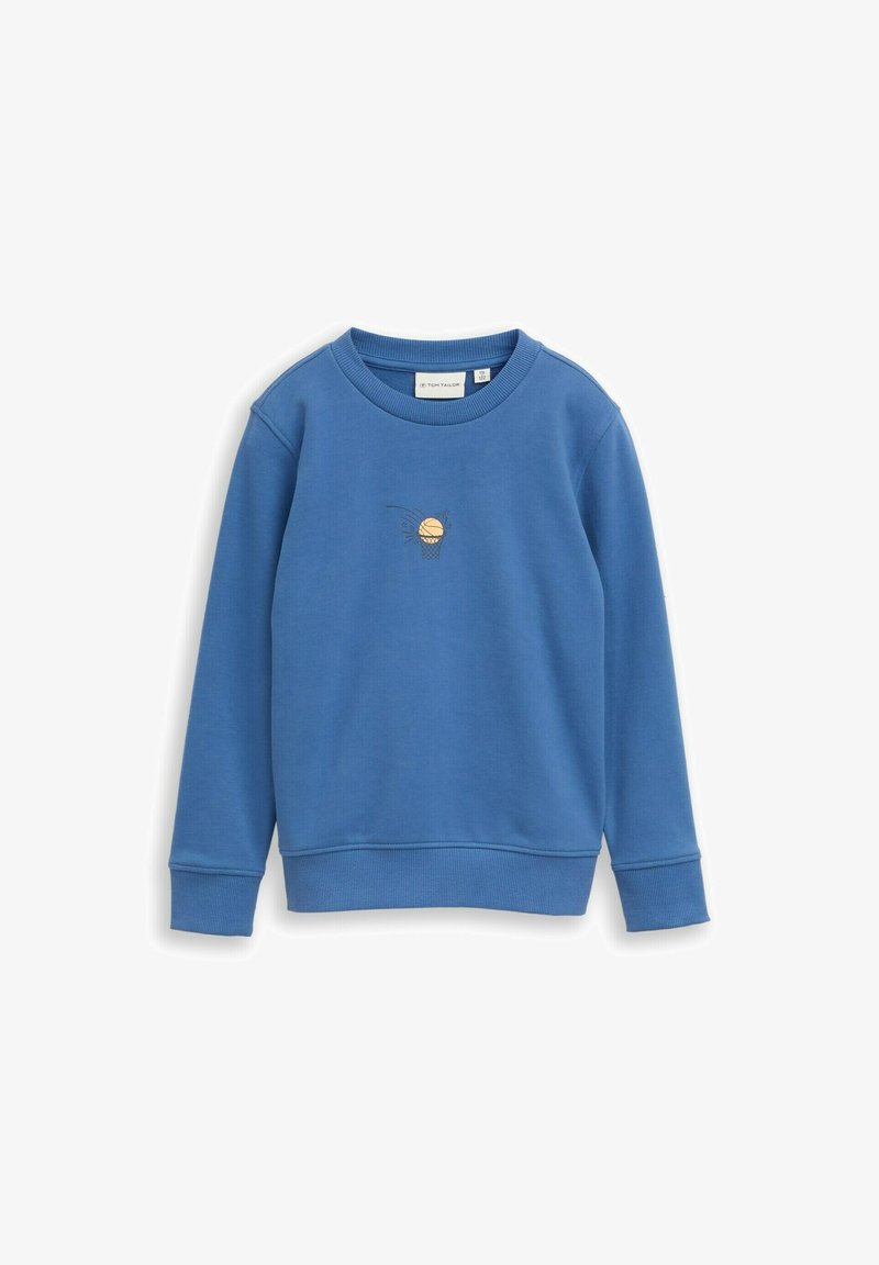 Sweatshirt bleu à manches longues et col rond, avec un petit dessin jaune de ballon de basket passant dans un panier, centré sur la poitrine.