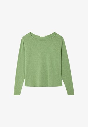 Langärmliges, hellgrünes Rundhalshemd mit leicht strukturierter Stoffqualität und geradem Saum.