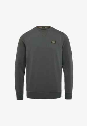 Donkergroen sweatshirt met lange mouwen, geribbelde boorden en zoom, voorzien van een klein label op de borst en een zak op de linker mouw.