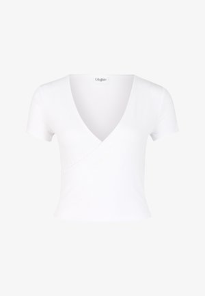 Weißes Kurzarmhemd mit tiefem V-Ausschnitt und Wickeldesign. Die gerippte Textur und der taillierte Schnitt sorgen für ein elegantes Erscheinungsbild.