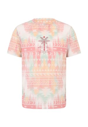 Short-sleeved t-shirt in pastel colors with abstract patterns, featuring a palm tree graphic and text "JUST EST. 2012." Cotton material, relaxed fit.
