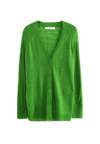 Zelený svetr na knoflíky s výstřihem do V, sedm knoflíků vpředu, žebrované manžety a texturovaný pletený vzor. Má mírně volné rukávy.