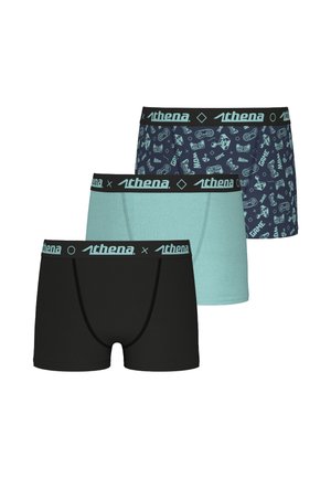 Lot de trois caleçons : noir, bleu clair et marine avec des motifs de manettes de jeu. Chacun possède une ceinture élastique avec le logo "Athena".