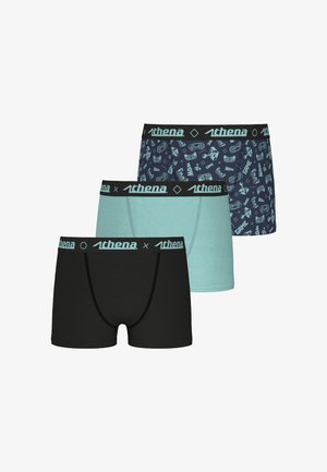 Lot de trois caleçons : noir, bleu clair et marine avec des motifs de manettes de jeu. Chacun possède une ceinture élastique avec le logo "Athena".