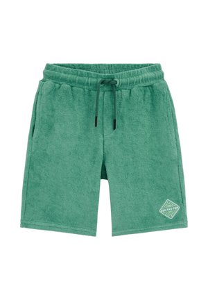 Pantaloni scurți verzi din bumbac tip terry, cu talie reglabilă prin șnur și buzunare laterale, având un patch "Soare și Distracție" aproape de margine.