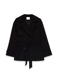 Cappotto nero doppiopetto con ampi risvolti, vita con cintura, epaulette sulle spalle e maniche lunghe. Realizzato in un tessuto liscio e compatto.