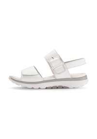 Weiße Ledersandalen mit breitem Riemen und verstellbarem Schnallenverschluss, ausgestattet mit einer gepolsterten Sohle mit grauen Akzenten und strukturiertem Profil.