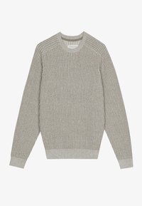 Szary, prążkowany sweter z długimi rękawami, okrągłym dekoltem i fakturowaną tkaniną. Posiada kontrastowy brzeg i mankiety. Prosty, uporządkowany fason.