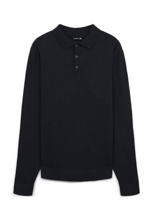 Polo nera a maniche lunghe in tessuto morbido, con colletto, patta con quattro bottoni e polsini a costine. Design semplice e versatile.