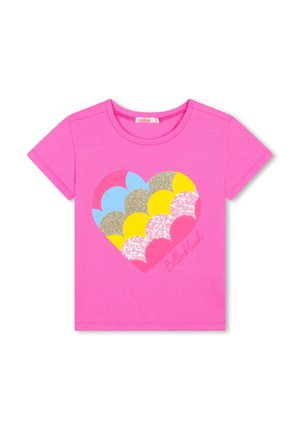 T-shirt rose à manches courtes avec un design de cœur multicolore agrémenté de paillettes, fabriqué en tissu en coton doux.