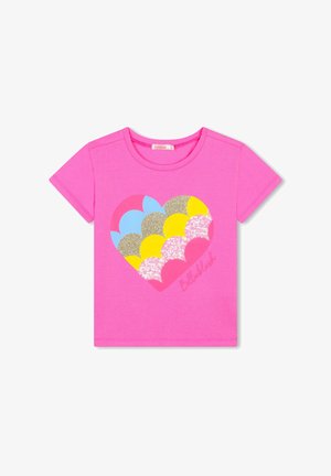 T-shirt rose à manches courtes avec un design de cœur multicolore agrémenté de paillettes, fabriqué en tissu en coton doux.