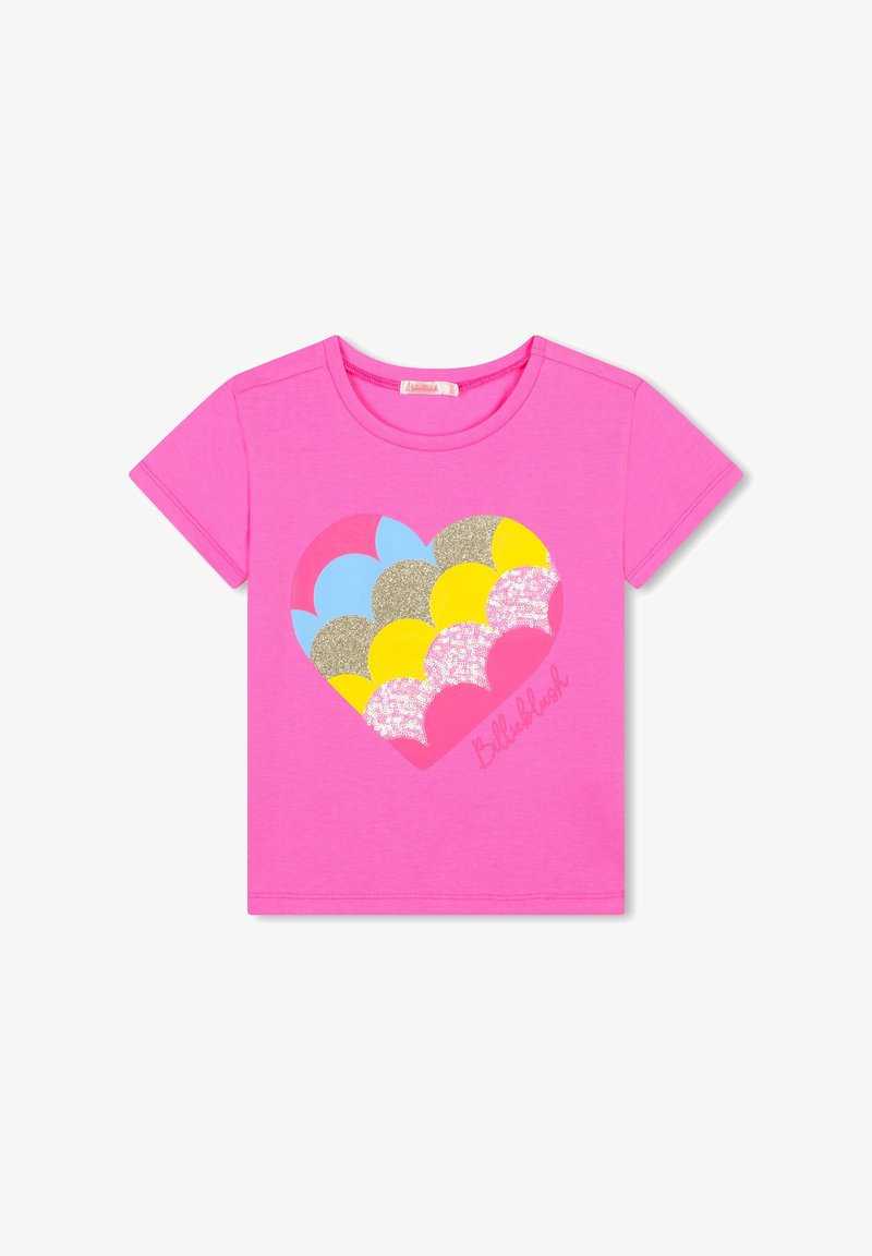 T-shirt rose à manches courtes avec un design de cœur multicolore agrémenté de paillettes, fabriqué en tissu en coton doux.