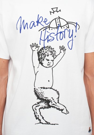 White T-shirt featuring a black line drawing of a child with curly hair. Blue text reads "Make History!" above the graphic.