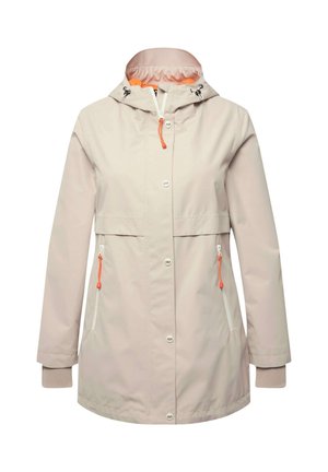 Veste imperméable beige clair avec capuche, cordon de serrage orange, boutons-pression à l'avant et poches latérales zippées aux accents contrastants.