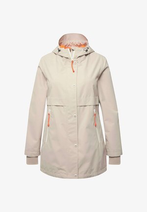 Helle beige, wasserdichte Jacke mit Kapuze, orangefarbenem Kordelzug, vorderen Druckknöpfen und seitlichen Reißverschlusstaschen mit kontrastierenden Akzenten.