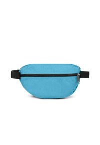 Marsupio di stoffa blu con forma arrotondata, chiusura con zip nera e tracolla nera regolabile. Superficie liscia senza motivi visibili.