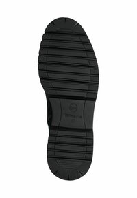 Talpă de pantof din cauciuc negru cu textură striată. Prezentare a logo-ului și a dimensiunii marcate. Design antiderapant cu diverse modele de tălpi pentru aderență.
